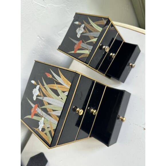 1980's Set/2 matching jewelry boxes medium small Otagiri Japanese chic vintage - Picture 3 of 9